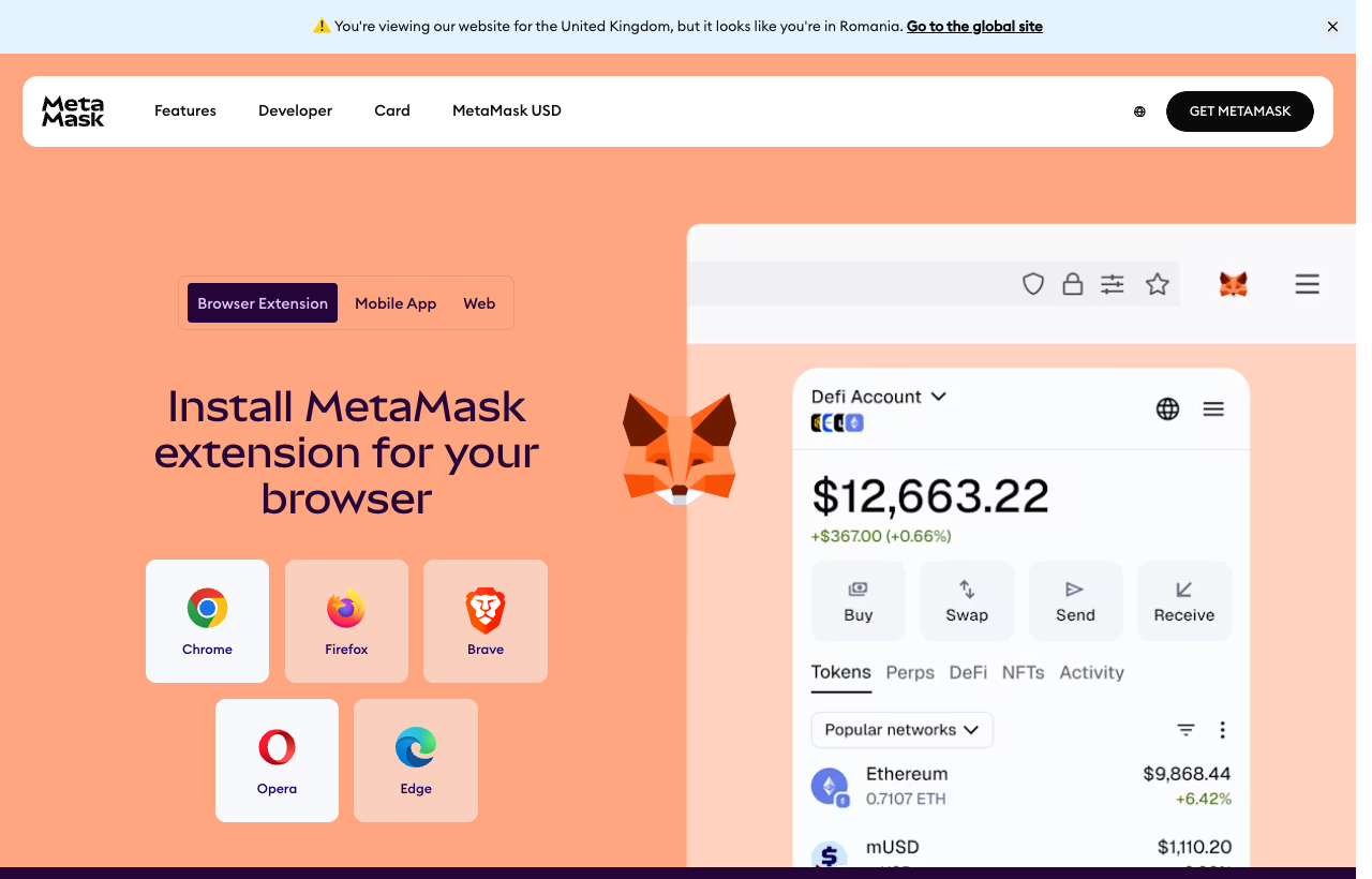 Pagina de instalare MetaMask