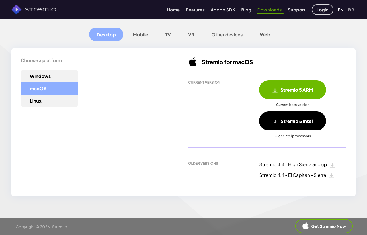 Pagina de download Stremio